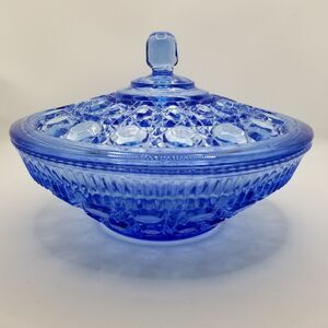 Vintage Indiana Glass Windsor Blue Button & Cane lidded candy dish